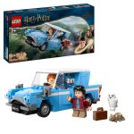 LEGO Harry Potter Flying Ford Anglia set with blue car, Harry and Ron minifigures, Hermione nearby, owl and luggage beside the vehicle.