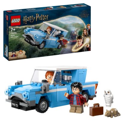 LEGO Harry Potter Flying Ford Anglia set with blue car, Harry and Ron minifigures, Hermione nearby, owl and luggage beside the vehicle.